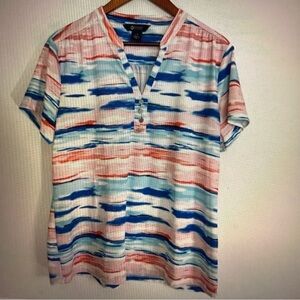 Haggar Clothing Woman Striped Stretch Short Sleeve V Neck Pullover Top Size L